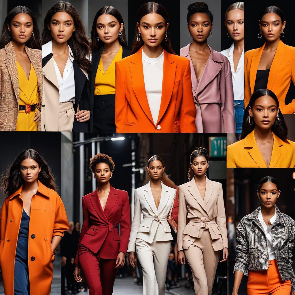A vibrant collage showcasing diverse fashion models in various settings: elegant runway with spotlights, urban streets in casual fashion, a bustling commercial shoot, and an editorial scene with high-fashion poses. Include models of varying ages, ethnicities, and styles to represent diversity. dynamic and colorful. super-realistic.