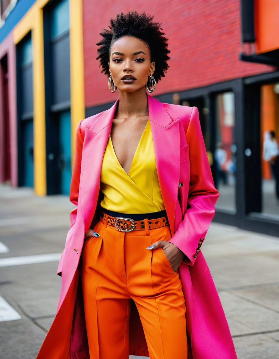 A confident aspiring model in a dynamic urban setting, showcasing a stylish, diverse portfolio of photos, featuring various outfits, poses, and expressions. The background includes elements of a high-fashion runway and trendy editorial shoots. Vibrant colors with a modern, classic mix. super-realistic. vibrant colors.