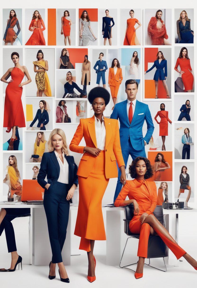 A dynamic collage showcasing iconic fashion models striking various poses, a top fashion agency office bustling with activity, and a stylish portfolio filled with professional photos. Models should represent diverse ethnicities and styles. super-realistic. high fashion. vibrant colors. elegant. white background.